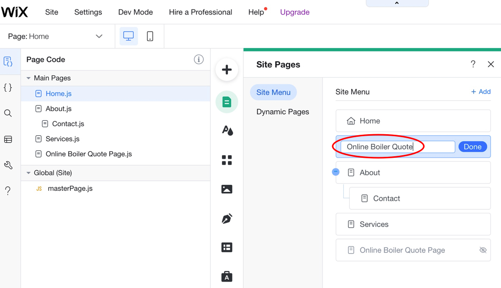Wix menu link name