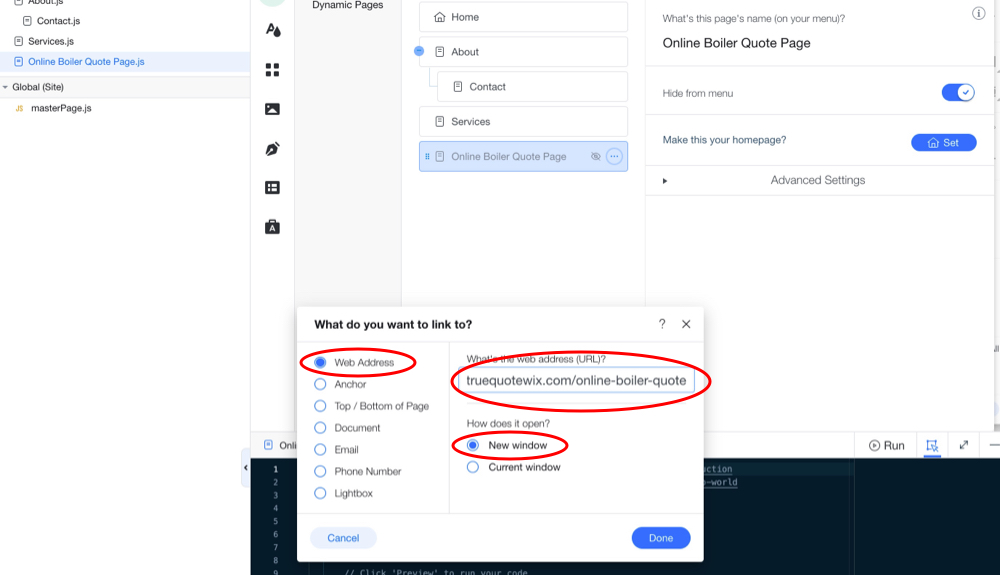 Wix menu link web address