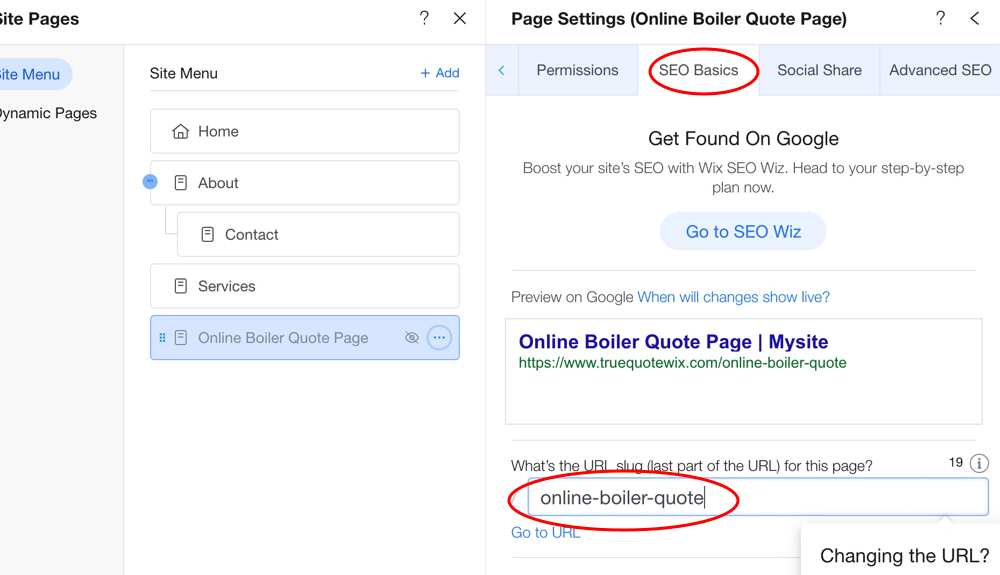 Wix page URL