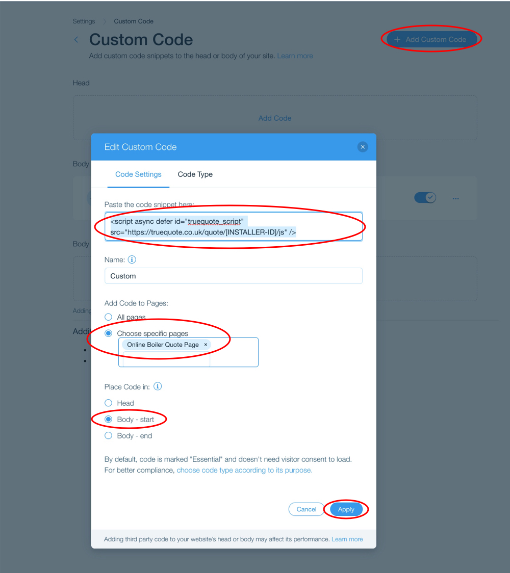 Wix custom code settings