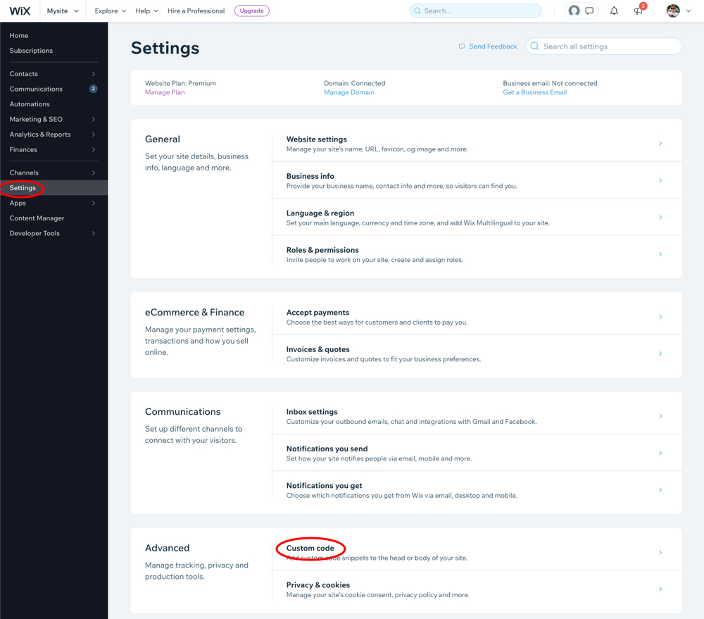 Wix dashboard custom code