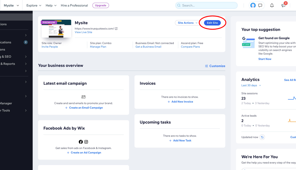 Wix dashboard